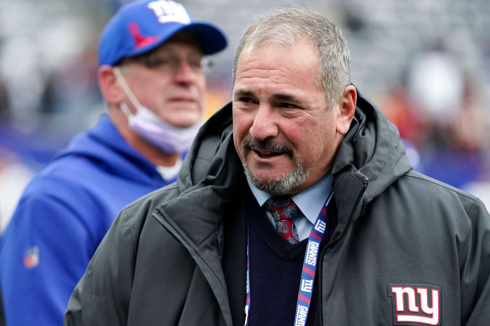 New York Giants general manager Dave Gettleman on the field before the Giants host the Washington Football Team in the final game of the season at MetLife Stadium on Sunday, Jan. 9, 2022.